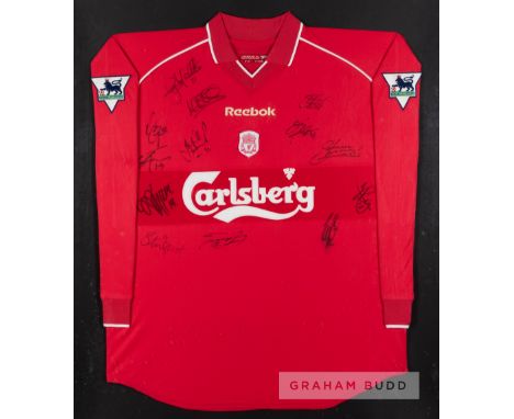A team signed red Liverpool home replica jersey, season 2000-02,long-sleeved, THE FA PREMIER LEAGUE badges, bearing club cres