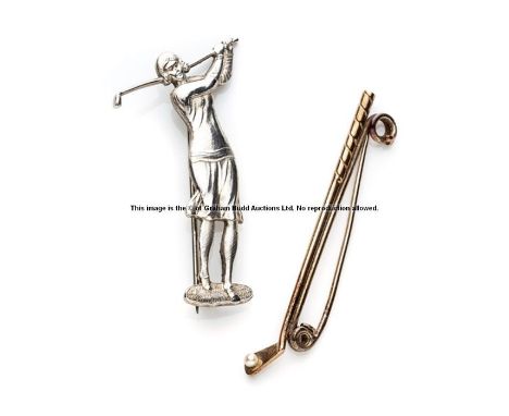 A 9ct gold golf club and pearl brooch,the club with pin back and pearl applied ball, the club head stamped 9ct, 4.7 cm long; 