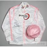 Racing colours of Lady Cecil signed by the jockey Ryan Moore circa 2013, white with pink seams and