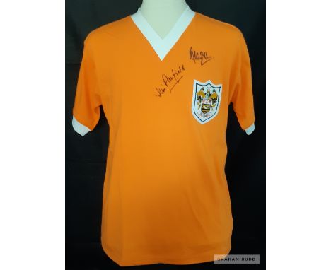 Alan Ball and Jimmy Armfield dual signed tangerine Blackpool FC replica jersey vintage 1958–1962,  Toffs brand, short-sleeved