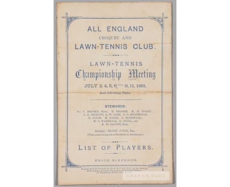 All England Croquet and Lawn Tennis Club Wimbledon programme, held on 2nd to 11th July 1881, the blue typed folded card beari