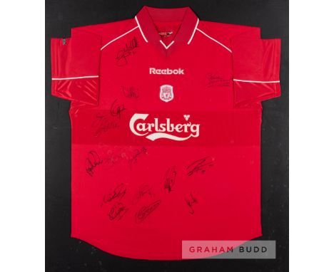 A team signed red Liverpool home replica jersey, season 2000-02,short-sleeved, bearing club crest and sponsor logo, signed in