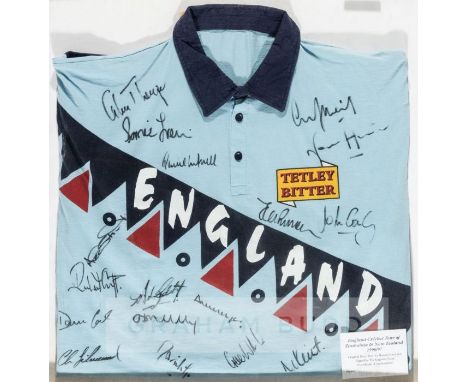 England team signed light blue cricket jersey worn by Ronnie Irani on the tour of Zimbabwe and New Zealand, 1996-97, light bl