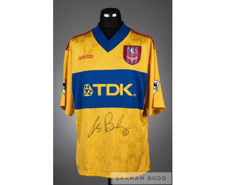 Tomas Brolin signed yellow and blue Crystal Palace No.12 away jersey v Arsenal played at Highbury on 21st February 1998,short