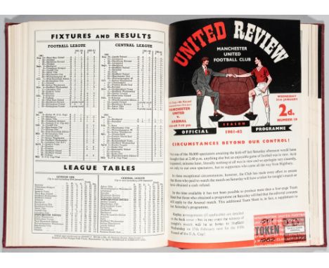 A bound volume of Manchester United programmes, season 1961-62,first team issues only, including the four-page for the arrang