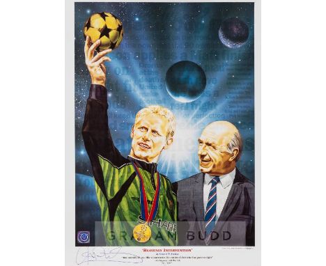 Peter Schmeichel signed limited edition “Heavenly Intervention” print by Stewart W. Beckett,featuring Peter Schmeichel with S