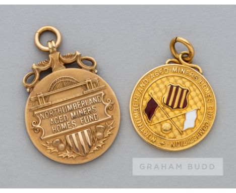 Two medals awarded to Bob Thomson of Newcastle United for the Northumberland Aged Miners Homes Fund football competition,the 