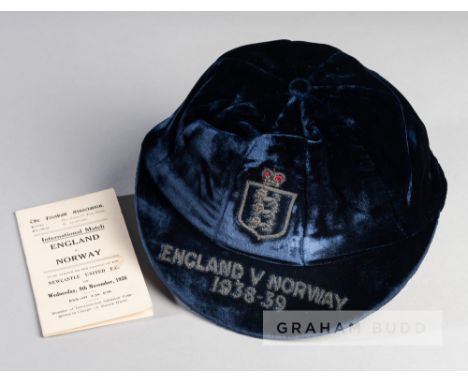 Blue England international cap awarded to Tottenham Hotspur's Bert Sproston for the match v Norway in season 1938-39,the peak