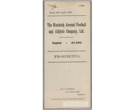 The Woolwich Arsenal Football and Athletic Company Ltd share prospectus, dated 26th April 1910, large fold-out printed prospe