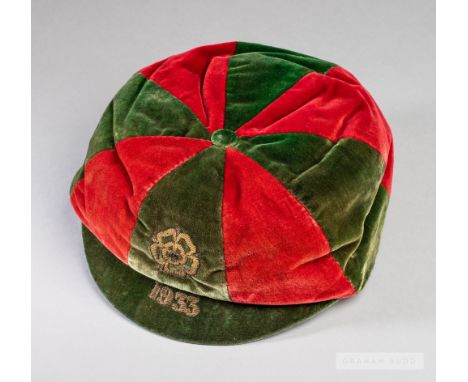 Red and green England v Italy cap awarded to Arsenal's Cliff Bastin for the match played in Rome 13th May 1933,bearing the En