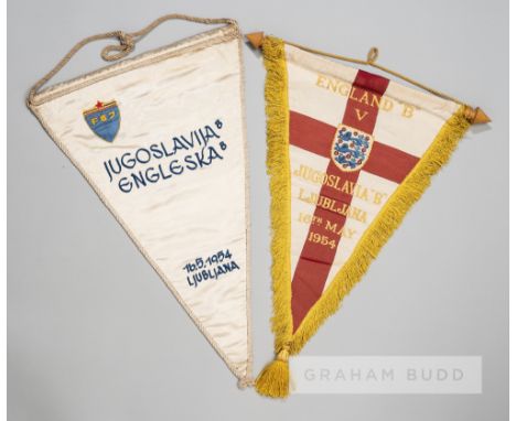 A pair of official pennants relating to the England v Yugoslavia 'B' International, played in Ljubljana, 16th May 1954,one is