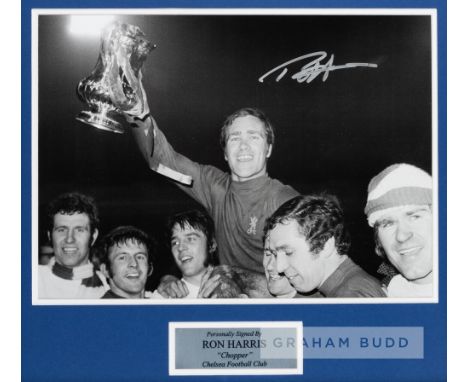 Chelsea's Ron 'Chopper' Harris signed b&w photograph holding the 1970 FA Cup trophy,depicted hosted on his teammates shoulder