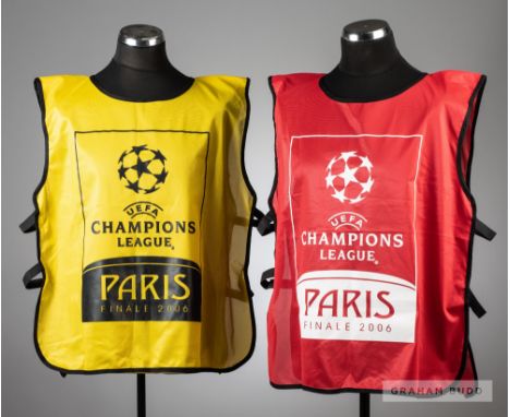 Two 2006 UEFA Champions League Final official warm-up tabards from Arsenal v Barcelona at the Stade de France, Paris, 17th Ma