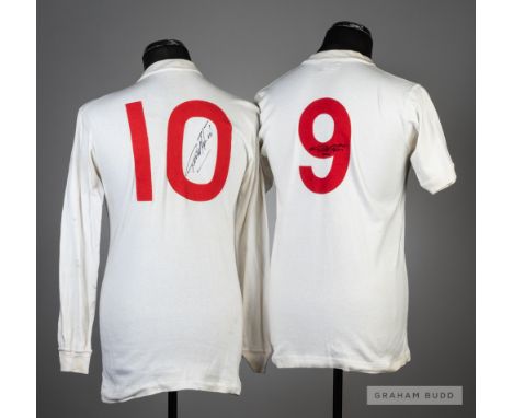 A pair of signed Geoff Hurst white England jersey's, 1960s,both without three lions badges, probably training jerseys, the fi