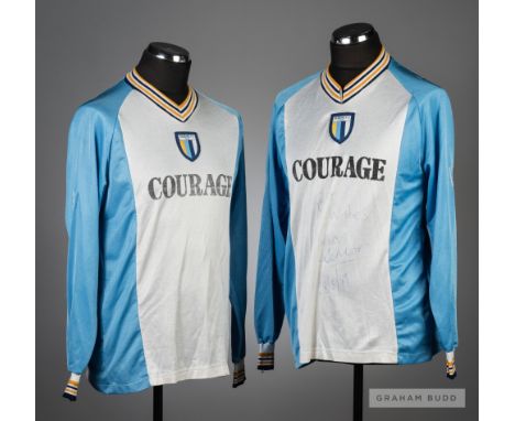 A pair of signed Reading FC player issued home jersey's season 1988-89,both white with blue sleeves, the first a Trevor Senio