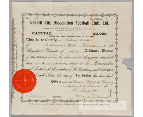 Cardiff City original share certificate, issued on 6th December 1910,No.145 for two shares in club, issued at the formation o