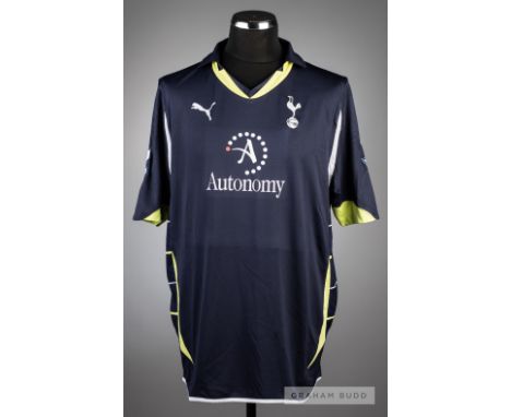 Peter Crouch navy and lime green Tottenham Hotspur No.15 third choice jersey, season 2010-11,short-sleeved, with BARCLAYS PRE