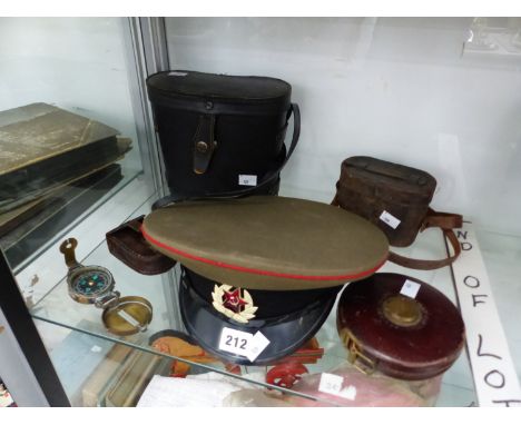 A COMPASS, A RUSSIAN MILITARY CAP, A TAPE MEASURE AND TWO CASED PAIRS OF BINOCULARS, ONE BY REGENT 10 x 50 