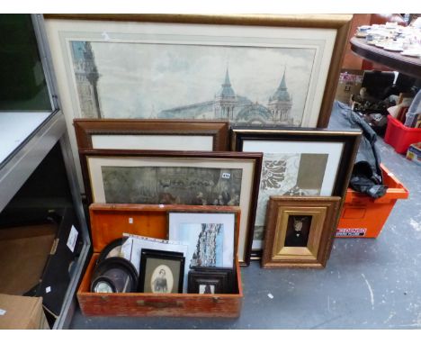 A LARGE 19th C. ENGRAVING, TWO SILHOUETTE PICTURES, A PAIR OF MINIATURE WATERCOLOURS, A NAIVE OIL PORTRAIT, ETC. 