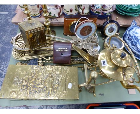 A CHINESE BRASS CENSER, A BRASS KETTLE, BURNER AND STAND, A BRASS FAN FIRE SCREEN, CLOCKS, BRASS BOXES AND OTHER BRASS WARES