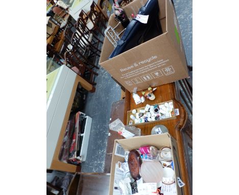 TRINKET BOXES, THIMBLES, BIRD FIGURINES, SCENT BOTTLES, A SMALL BRIEFCASE ETC. 