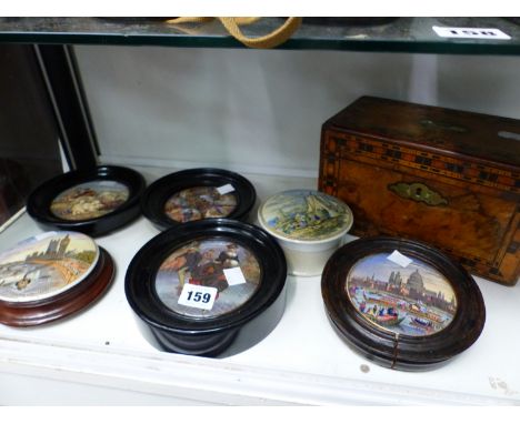 SIX POT LIDS TOGETHER WITH A TUNBRIDGE WARE TWO COMPARTMENT TEA CADDY