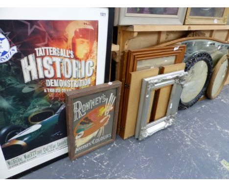 A SIGNED JACK BRABHAM POSTER, AND A ROWNEY'S ADVERTISING PRINT, TOGETHER WITH A QUANTITY OF MIRRORS.