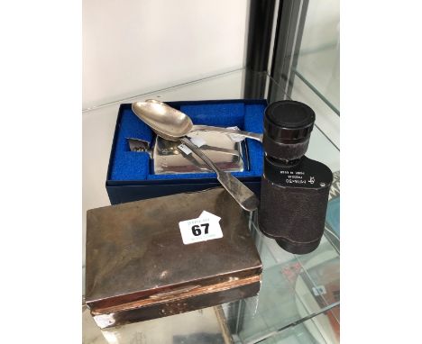 TWO HALLMARKED SILVER VICTORIAN SPOONS, A CIGARETTE BOX, A PEWTER FLASK, AND A RUSSIAN MONOCULAR. 