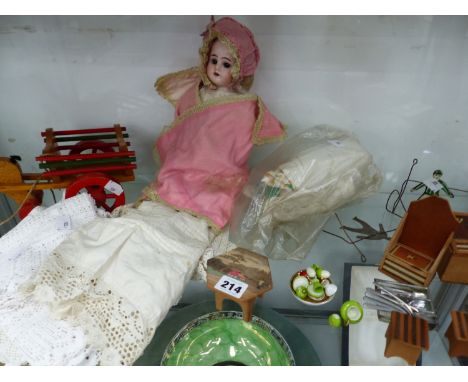 A HEUBACH BISQUE HEADED DOLL, OTHER TOYS TOGETHER WITH JAPANESE WOODEN DOLLS HOUSE FURNITURE