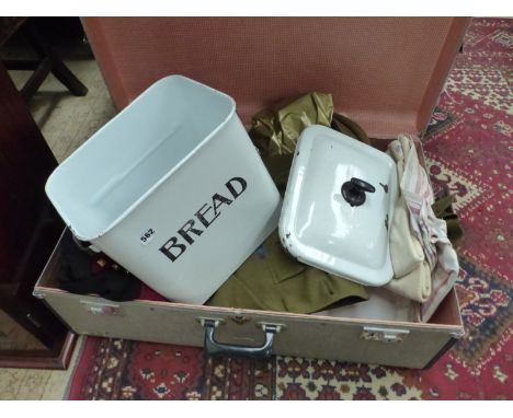 MILITARY UNIFORM, VINTAGE CLOTHING, A BREAD BIN, CONTAINED IN A LARGE VINTAGE TRUNK. 