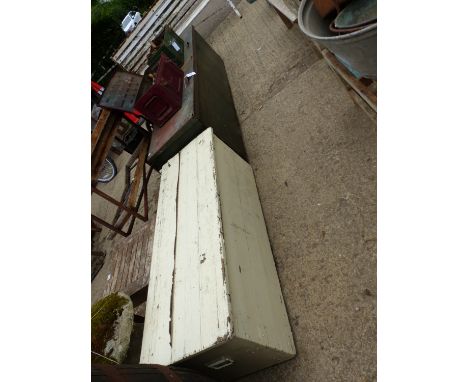A LARGE STEEL TRUNK TOGETHER WITH A SMALLER WOODEN EXAMPLE (2)