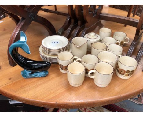 A POOLE POTTERY PART TEA SERVICE TOGETHER WITH A POOLE POTTERY BLUE GLAZED FIGURE OF A WHALE.