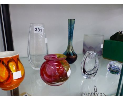 SIX PIECES OF ART GLASS TOGETHER WITH A POOLE POTTERY VASE