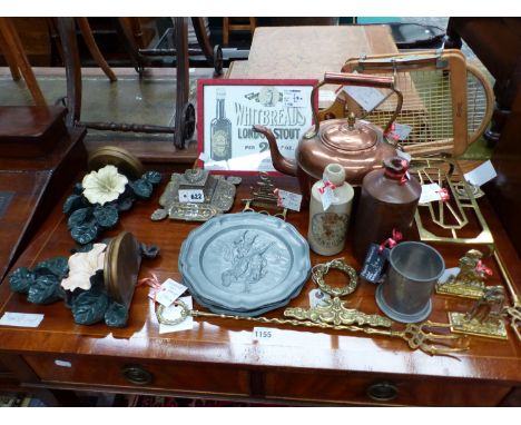 A VINTAGE CAST BRASS INKWELL, OTHER METAL WARES, TENNIS RACQUET ETC.