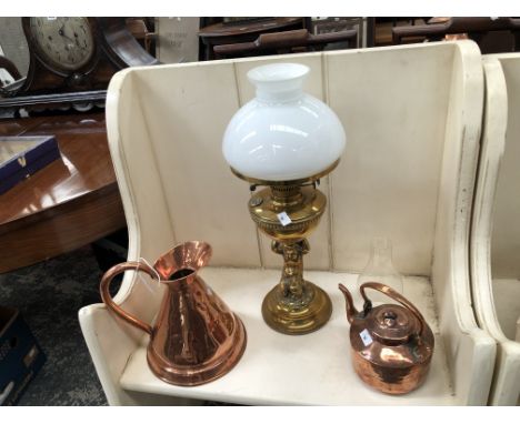 A BRASS LANTERN, COPPER KETTLE AND A COPPER JUG