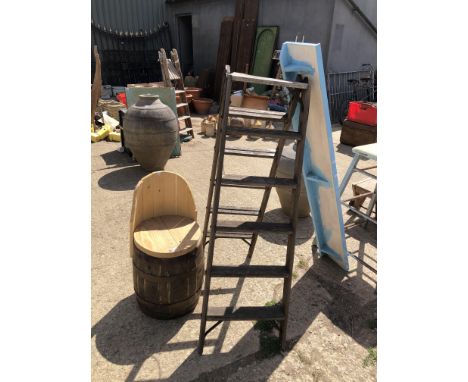 A BARREL STOOL, A LADDER AND A SHELF