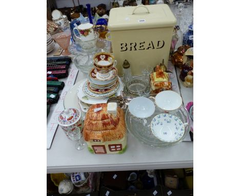 TEA AND GLASS WARES, A COTTAGE TEA POT, AN ENAMEL BREAD BIN, AN ELECTROPLATE SCUTTLE SUGAR BOWL, ETC.