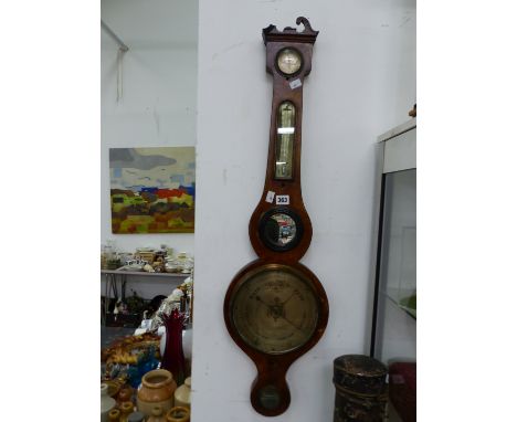 A 19th C. MAHOGANY WHEEL BAROMETER WITH A MERCURY THERMOMETER, INDISTINCTLY SIGNED SALMON OF OXFORD