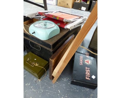 METAL BOXES, A CLOCK, A CHILDS FOLDING CHAIR, A FIRST AID KIT AND A SLIDE PROJECTOR