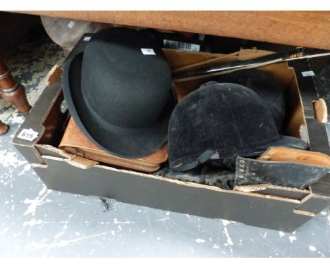 AN ADAMSON'S BOWLER HAT, A SWORD SCABBARD, A PAIR OF CHURCH'S LEATHER BROGUE'S, RIDING HATS ETC. 