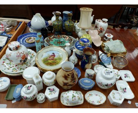 A MASONS AND OTHER GINGER JARS, DECORATIVE PIN TRAYS, TRINKET BOXES, SPODE WALL PLATES, CLOISONNE VASE, ETC.