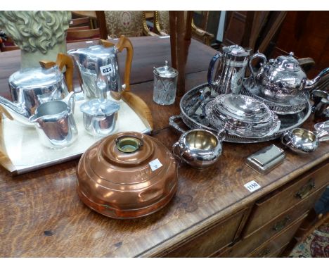 A VINTAGE PICQUOT WARE TEA SERVICE WITH TRAY, AND VARIOUS SILVER PLATED WARES.
