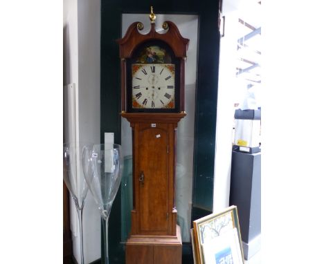 JONATHAN PRINGLE, EARLSTON, AN OAK LONG CASED CLOCK, THE ARCH OF THE DIAL PAINTED WITH A COUNTRY COUPLE, SUBSIDIARY SECOND AN