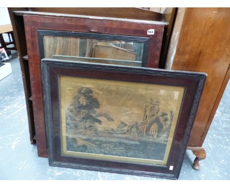 A 19th C. PRINT ON SILK AND AN INLAID FRAME MIRROR. 