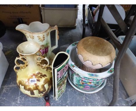 A MODERN CANTON PLANTER, A DRUM, TWO VASES AND A JUG