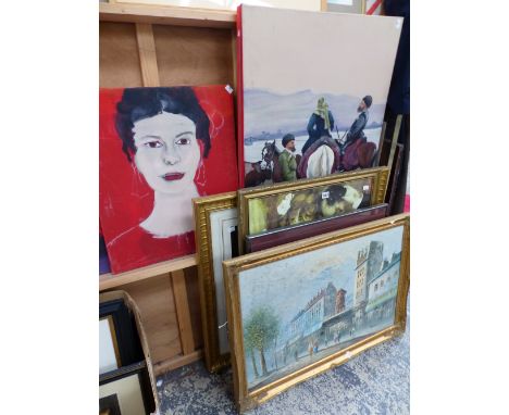 FOUR OIL ON CANVAS PAINTINGS, VARIOUS PRINTS AFTER THE ANTIQUES, OIL PAINING MOULIN ROUGE SIGNED BURNETT, AND A MODERNIST PRI
