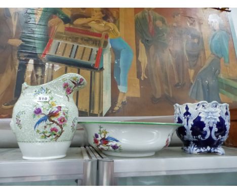 A SPODE WASH JUG AND BOWL TOGETHER WITH A BLUE GROUND PLANTER