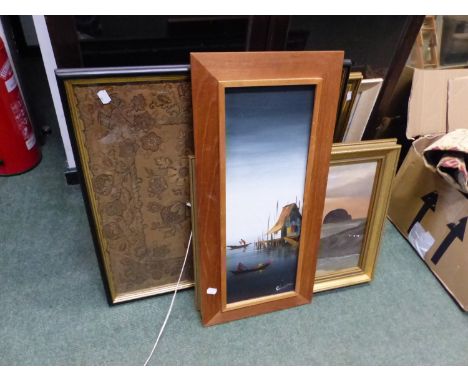 AN EMBROIDERED PANEL, TOGETHER WITH THREE OIL PAINTINGS AND A PRINT. 