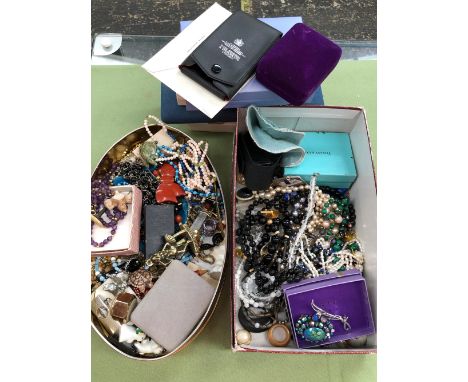 A LARGE QUANTITY OF VARIOUS VINTAGE AND LATER COSTUME JEWELLERY, ROTARY CLUB JEWEL, ETC. 