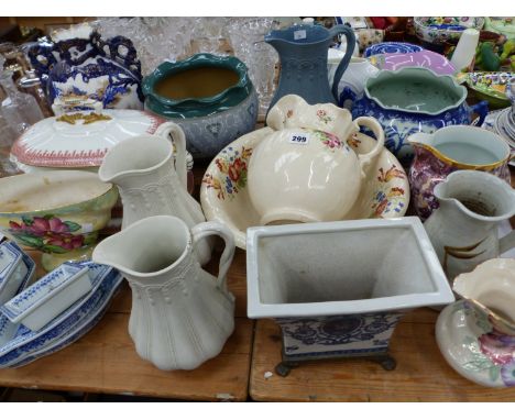A WEDGWOOD MOONLIGHT LUSTRE JUG, MALING AND OTHER JUGS, A DOULTON AND SLATER PLANTER, OTHER PLANTERS, A WORCESTER TUREEN, COV